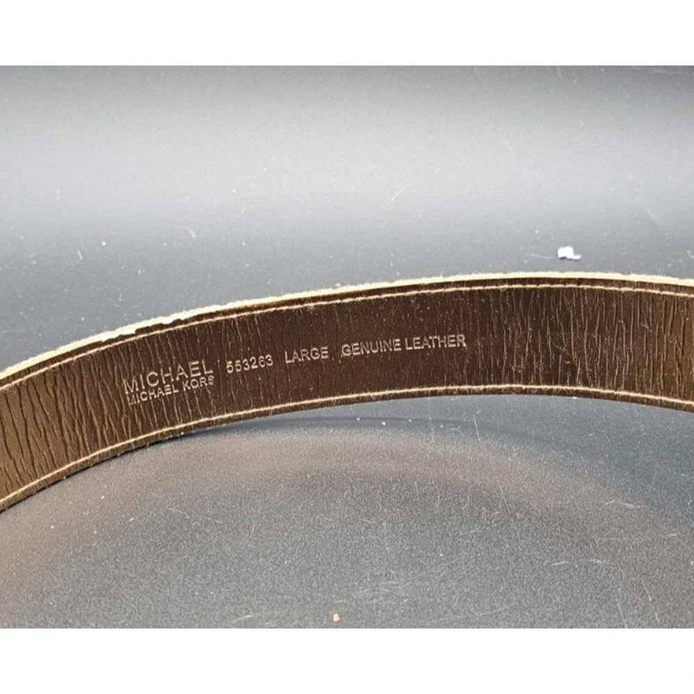 Michael Kors Signature Monogram Logo Canvas Leather Belt Gold Buckle Size L